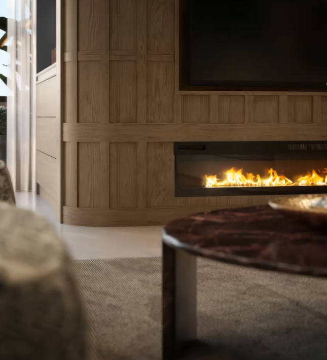 Warm living room with a linear fireplace and marble table