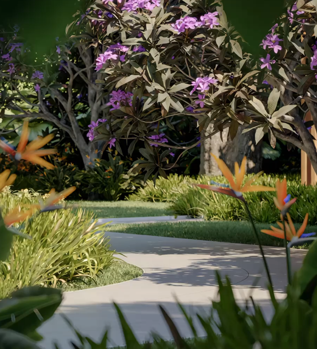 Lush landscaped garden pathway with flowering trees